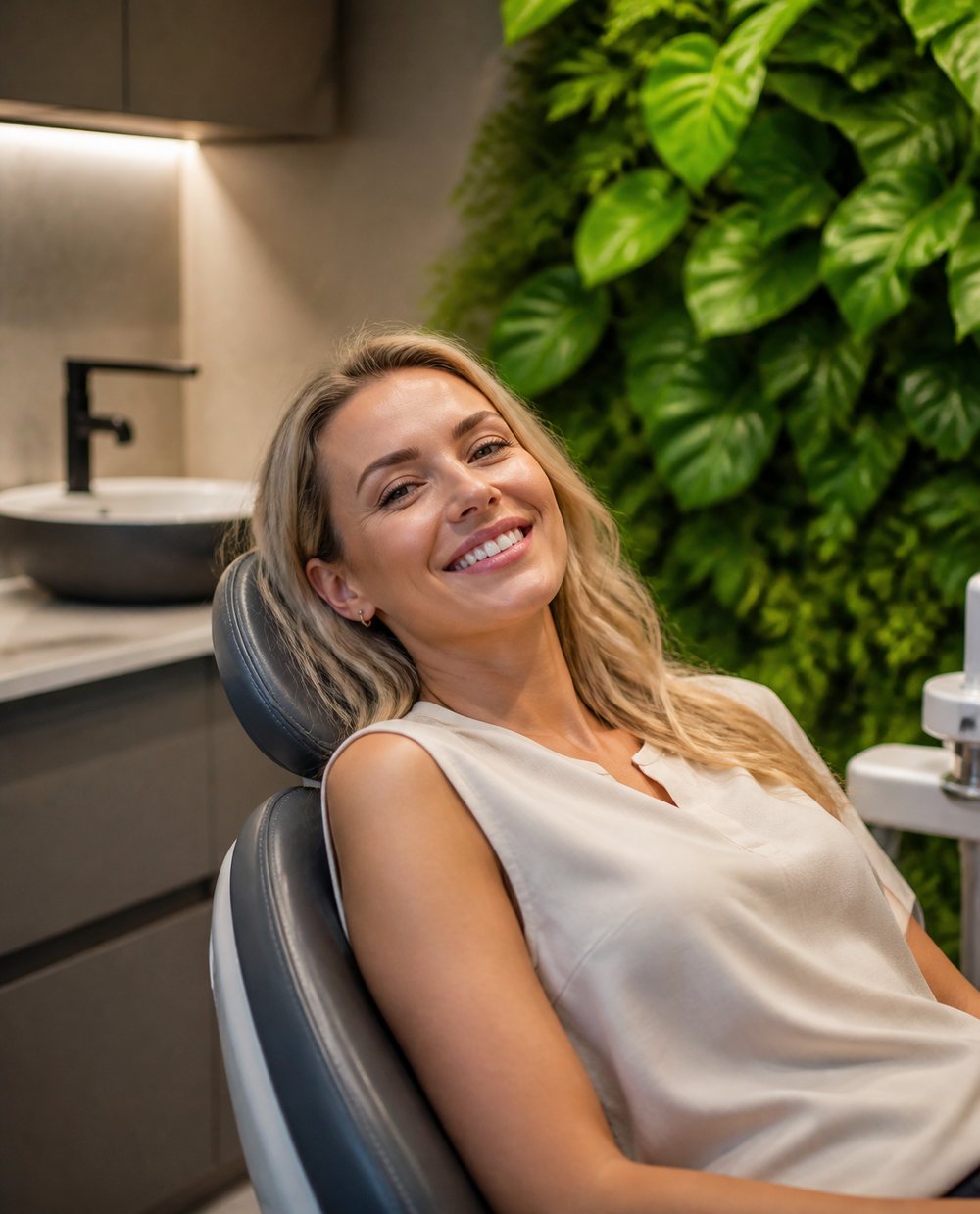 A relaxed patient smiling in a dental chair